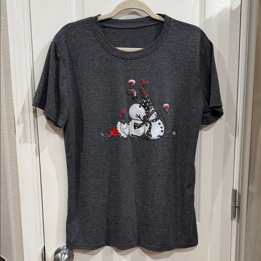 Gray T-Shirt with Snowman and Wine Design